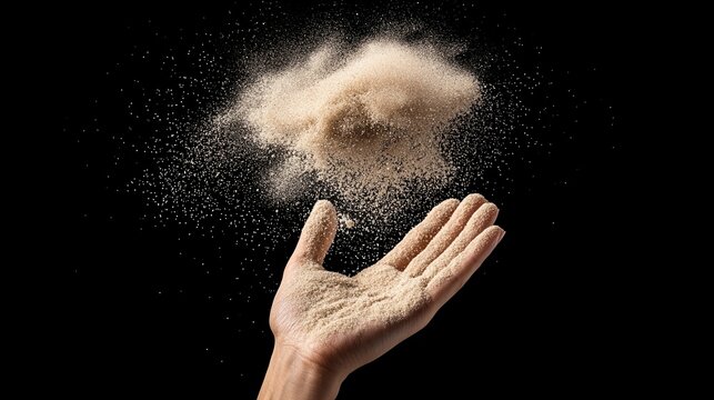A hand tossing fine sand or powder into the air against a black background, capturing particles in motion.