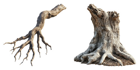Obraz premium Exposed tree root structures isolated on transparent PNG image perfect for environmental education graphics or fantasy landscape art