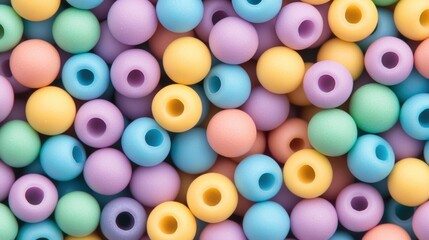 A close-up of colorful, round, pastel beads with holes, perfect for crafting and jewelry making.