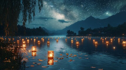 Night view of floating lanterns on the lake