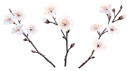 Three branches of a tree with white flowers