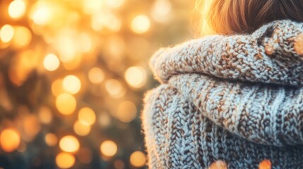 Obraz premium Golden Hour Serenity: A Woman's Cozy Embrace of Autumn's Warmth