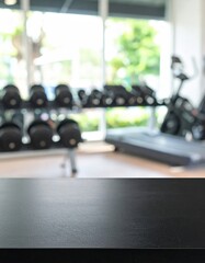 Fototapeta premium A sleek black table is prominently featured, adorned with various weights and dumbbells in the background, creating a dynamic fitness atmosphere.
