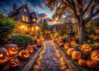 Panoramic Halloween Night: Illuminated Jack-o'-Lantern Pathway to Decorated House