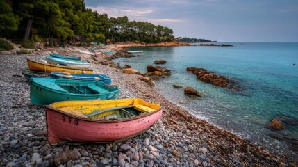 Fototapeta premium Colorful boats on pebble beach, Mediterranean coast at dawn. Serene coastal harmony in morning light. 