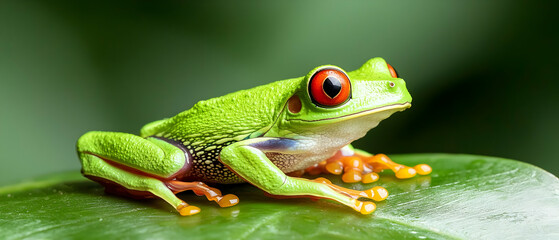 Fototapeta premium Green Tree Frog On Leaf