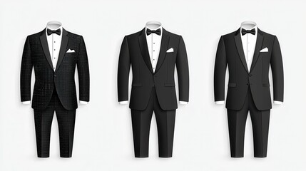 Stylish Collection of Three Elegant Black Suits with Bow Ties and White Pocket Squares on a Grey Background