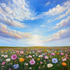 Fototapeta premium Vibrant wildflower blooming event in open fields hyperrealistic landscape nature photography daylight scenic view