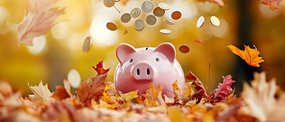 Pink Piggy Bank In Autumn Leaves With Falling Coins