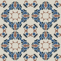 Seamless Tile pattern with blue, brown, and deep blue floral background elements.