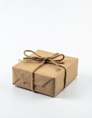 Obraz premium A rustic brown paper parcel, neatly wrapped in natural twine, features a sturdy rope tied around it, evoking a charming, vintage aesthetic.