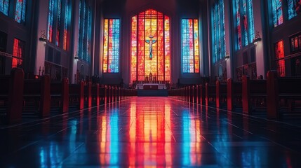 Obraz premium Illuminated church interior featuring vibrant stained glass windows and long rows of wooden pews.