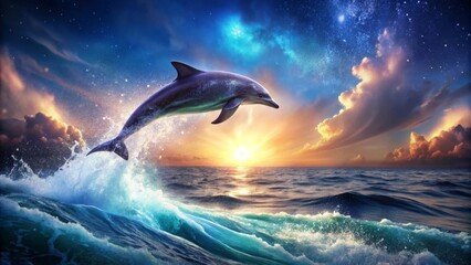 A majestic dolphin leaps through a vibrant ocean wave, silhouetted against a breathtaking sunset and starry night sky, creating a surreal and awe-inspiring scene.