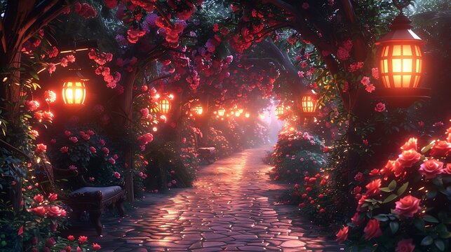 Serene evening garden path lit with vintage lanterns high resolution images