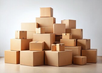 Panoramic View of Stacked Brown Cardboard Boxes on White Background - Various Sizes
