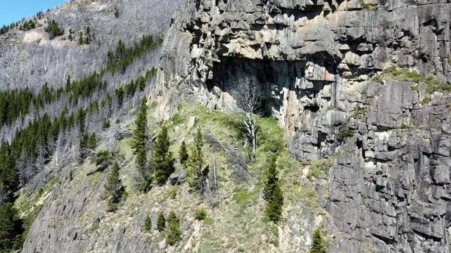 monta&ntilde;a rocosa cubierta de bosque y ase ve una cueva en la Patagonia chilena.