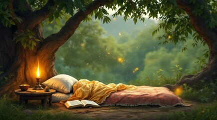 Enchanting bedtime scene featuring warm candlelight and open book under ancient trees - Powered by Adobe