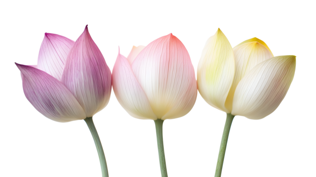 Lotus buds, delicate pink petals, gradient from purple to yellow, green stems, elegant botanical arrangement, soft white background