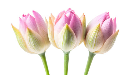 Fototapeta premium Lotus buds, delicate pink petals, gradient from purple to yellow, green stems, elegant botanical arrangement, soft white background