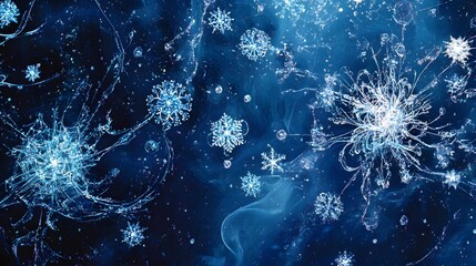 Fototapeta premium Detailed digital illustration of intricate snowflakes in a dark blue environment.
