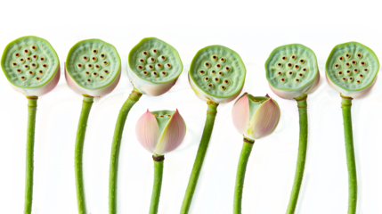 Lotus flower buds, lotus seed pods, pink lotus petals, green stems, botanical illustration, white background