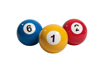 billiard balls with numbers 1, 2, and 6 on white background.