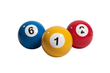 billiard balls with numbers 1, 2, and 6 on white background.