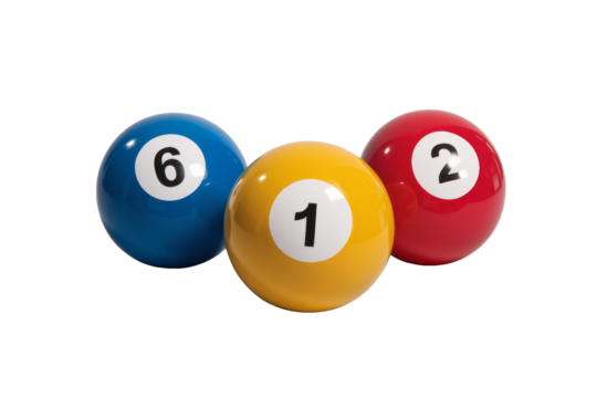billiard balls with numbers 1, 2, and 6 on white background.