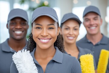 A cheerful cleaning team poses with their tools, ready for work and teamwork.
