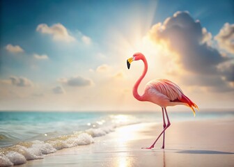Fototapeta premium Pink Flamingo on Pristine White Sand Beach - Tropical Paradise