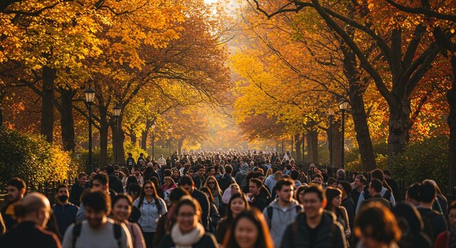 Autumnal Walk Crowd of People Enjoying Fall Foliage in a Park