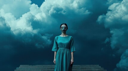 Fototapeta premium Enigmatic Figure in Teal: A Woman in a Mask before a Stormy Sky