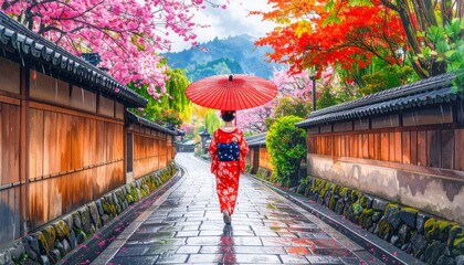 Fototapeta premium 雨の石畳を歩く舞妓と赤い和傘