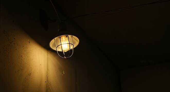 A vintage industrial light fixture illuminates a dark, dusty room, casting a warm glow and dramatic shadow on the textured wall, creating an atmospheric scene.
