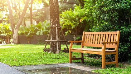 Serene Wooden Park Bench in Lush Green Garden