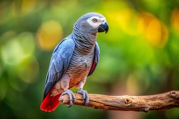 Playful Grey Parrot with Red Tail Feathers on Branch - Vibrant Bird Stock Photo