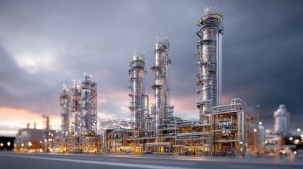 Modern industrial refinery with tall metal towers, pipelines, and illuminated structures under dramatic sky