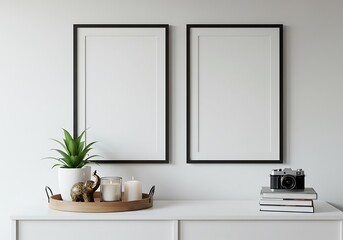 Fototapeta premium Two frames above a white dresser with a plant candles elephant and camera on books in a bright room