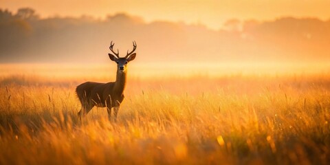 Fototapeta premium Majestic Buck Deer in Golden Hour Meadow, Serene Wildlife Scene at Sunrise