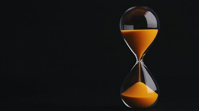 An hourglass with golden sand flows against a black background, symbolizing the passage of time and patience.
