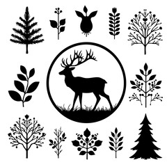 Majestic Deer Silhouette with Floral Elements