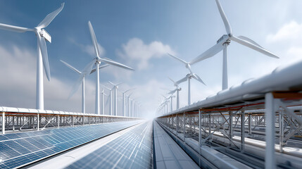 Futuristic renewable energy farm with solar panels and wind turbines under bright sky