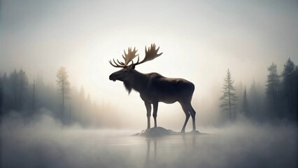 Naklejka premium Majestic Moose in Misty Dawn on a Serene Lake, Silhouetted Against a Foggy Forest