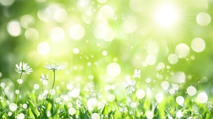 Spring Meadow with Delicate Flowers and Sunshine Green gradient background.  Ecology concept for your graphic design, banner or poster. Vector illustration
