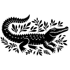 Fototapeta premium Black and White Crocodile Illustration with Floral Design