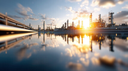 Fototapeta premium Scenic view of industrial refinery with pipelines and structures reflecting on water during vibrant sunset