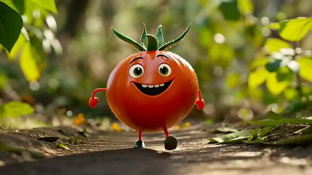 Cheerful animated tomato character walking along a forest path surrounded by greenery