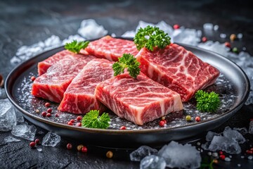 Premium Fresh Frozen Wagyu Beef Slices on Black Plate