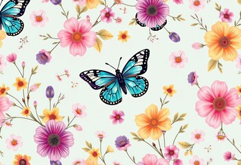 Pastel boho butterfly and wildflower seamless pattern , tileable, background