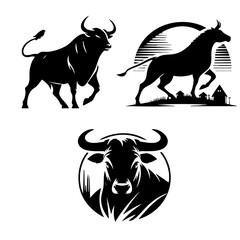 Black and White Bull Silhouettes: Farm Animals, Vintage Design